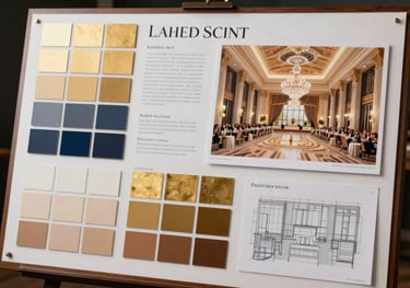 A detailed shot of a luxury event planning board in a Bokaro studio, showing color swatches in gold, navy, and tan, with sketches of a grand hall.