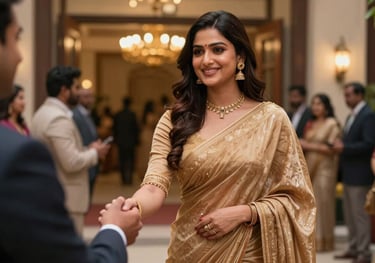 A smiling South Asian event hostess in a sophisticated tan sari greeting guests at a grand entrance in Bokaro, with celebratory lighting behind.