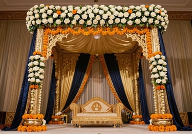 A stunning South Asian wedding mandap decorated with marigolds and white roses, set against a backdrop of elegant gold and navy blue fabrics in a grand Bokaro venue.
