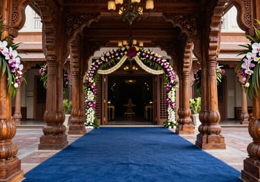 A grand entranceway to a South Asian event, featuring intricately carved wooden pillars, floral arches of orchids and jasmine, and a plush navy blue carpet.