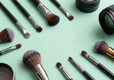 A flat lay of various makeup brushes and tools on a mint green background, clean and organized, high-end retail aesthetic.