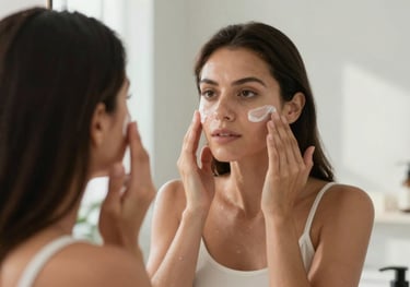 A beautiful Mexican woman applying skincare products in front of a mirror, glowing skin, soft morning light, minimalist and clean bathroom setting.