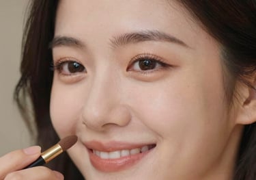 A close-up of a smiling woman's face showing off professional makeup application, soft lighting, warm skin tones, elegant feel.