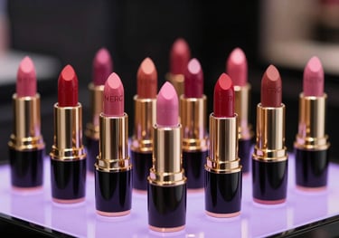 A collection of trendy lipsticks in various shades of pink and red, standing on a reflective surface with a soft purple glow, professional retail photography.