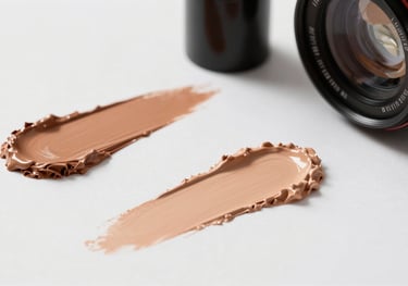 Detail of several foundation shades being swatched on a clean white surface, soft shadows, professional cosmetic photography style.
