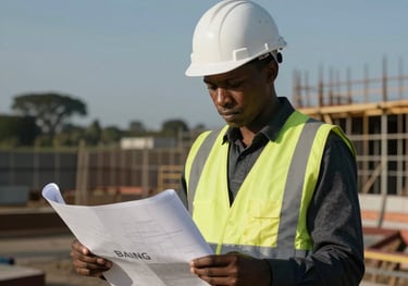 Portrait of a BAINS IGG engineer reviewing blueprints on a construction site in East Africa, safety vest, hard hat, focused expression, dramatic natural daylight, high-contrast cool tones.