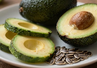 A close-up of healthy food ingredients like avocado and seeds on a plate in a Latin American / Spanish home, styled for a professional nutrition blog.