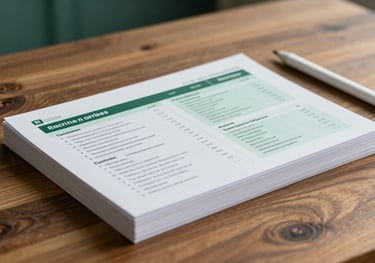 A stack of professional printed nutrition guides and a digital stylus on a wooden table in a Latin American / Spanish studio, styled with soft mint and dark forest green elements.