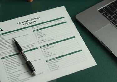 Top-down view of a professional workspace in a Latin American / Spanish office with clinical protocols, a pen, and a laptop. Professional and knowledgeable atmosphere with dark forest green tones.