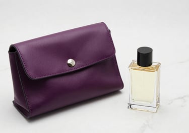 Still life photography of a luxury leather accessory next to a small bottle of perfume on a white marble surface. Clean lines, soft purple accents, elegant composition.