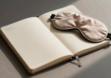 Photography of a high-quality lifestyle product, like a minimalist planner or a silk eye mask, arranged on a neutral surface with soft shadows.