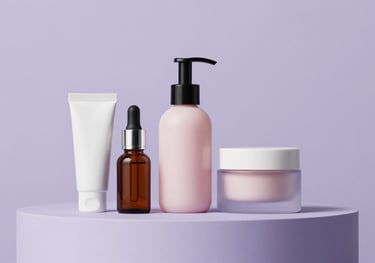 Composition of three curated beauty products on a light lilac pedestal. Minimalist aesthetic, clean composition, soft studio lighting.