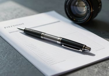 A clean, minimalist desk set-up with a designer pen resting on a financial planning document, shot in soft morning light with slate blue tones.