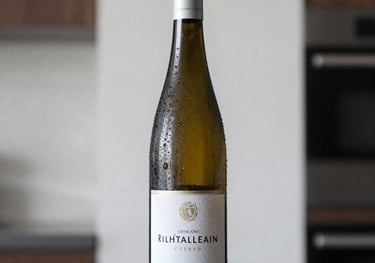 Clean, high-contrast photography of a bottle of Riesling with condensation on the glass, standing in a bright, modern South American setting.
