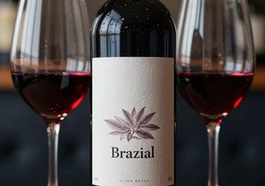 A close-up shot of a dark red wine bottle with a textured paper label, standing next to a single glass of deep ruby wine in a dark Brazilian lounge.