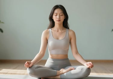 A woman meditating peacefully in a sunlit room, emphasizing the connection between mind and body. Soft focus, #F8F5EF background colors.