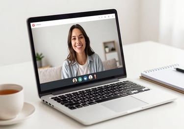 A high-quality image of a laptop displaying a video call screen with a warm and inviting interface, surrounded by a cup of tea and a planner. Brand colors #F8F5EF.