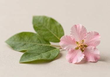A minimalist and elegant set of healthy ingredients like green leaves and a delicate pink flower on a beige surface. Soft shadows, clean composition in #F8F5EF and #E4C8CB.