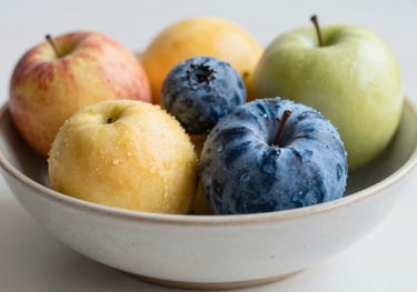 A bowl of fresh seasonal fruits in a ceramic bowl, softly lit. The focus is on texture and natural beauty. Palette #E4C8CB and #8FBBA6.