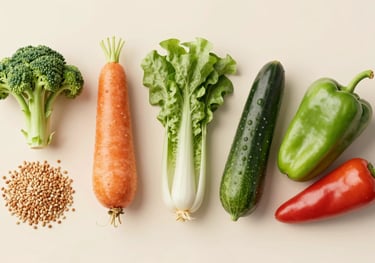 A flat lay of colorful vegetables and whole grains arranged elegantly on a soft beige background. Clean and healthy visual, palette #8FBBA6 and #F8F5EF.