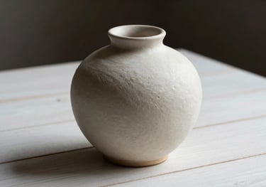 A handcrafted ceramic centerpiece vase on a white wooden table. The vase has an organic, matte texture and is presented in a premium, minimalist setting.
