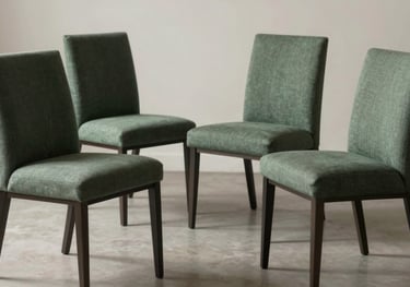 A set of four minimalist dining chairs with high backs and muted green fabric cushions, arranged around a neutral space with soft natural lighting.