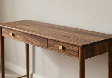 A sleek, long wooden console table made of dark timber with minimalist brass hardware. The style is European-inspired, set in a modern Indian home with soft natural lighting.