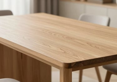 A solid light-oak dining table with a smooth matte finish, showing minimalist European joinery. The scene is bright and airy with soft focus on a South Asian interior background.