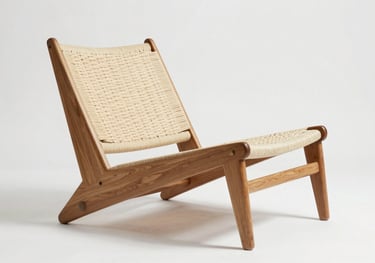 A minimalist solid teak wood lounge chair with a low profile, clean Scandinavian lines, and a light-colored woven seat. Photographed against a plain white background with soft shadows.