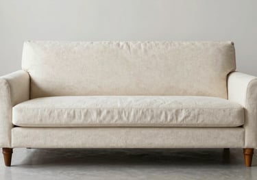 A premium contemporary sofa upholstered in off-white linen, featuring rounded edges and wooden legs. The composition is clean and centered in a bright, airy space with a South Asian / Indian design influence.