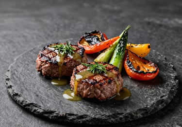 Gourmet grilled beef medallions drizzled with an herb reduction, served on a stone plate with colorful roasted vegetables, professional food photography, minimalist composition, South American style.