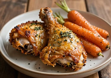 Golden roasted chicken thighs seasoned with Brazilian herbs, side of glazed carrots, rustic wooden table background, warm morning light, earth tones.