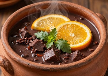 A rustic clay pot filled with traditional Brazilian feijoada, steam rising, garnished with orange slices and fresh greens, macro food photography, warm earth tones including ochre and sage, South American context.