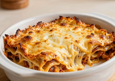 A golden-brown baked lasagna in a white ceramic dish, cheese stretching as a piece is served, warm South American home kitchen setting, soft natural light, shades of cream and ochre.