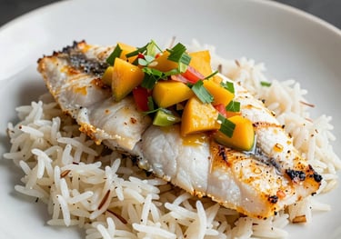 Grilled tropical white fish fillet with a mango salsa topping, served on a bed of coconut rice, vibrant and fresh, professional culinary photography, South American / Brazilian coastal vibe.