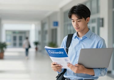 A high-quality photo of a student holding university brochures and a laptop, standing in a modern campus hallway. The lighting is bright and supportive, using #F6F8F9 and #346DAA to convey a professional educational environment.