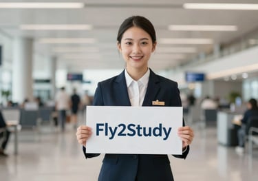 A friendly and welcoming staff member standing in a bright airport arrivals hall, holding a professional 'Fly2Study' greeting sign. The style is clean and minimal with soft #F6F8F9 lighting.