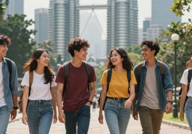 A group of diverse international students laughing and walking together in a vibrant Malaysian city park. The composition is dynamic and friendly, with natural lighting and a clean, modern aesthetic.