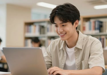 A close-up of a smiling student focusing on a laptop screen, appearing motivated and focused. The environment is a clean, modern library or study lounge with accents of #C7A272 and #F6F8F9.