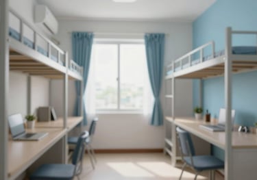 A modern and cozy student studio apartment interior in Malaysia, featuring a clean desk, bright window light, and minimalist furniture in #F6F8F9 and #346DAA tones.