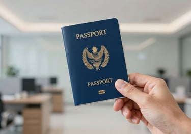 A professional and clean composition showing a hand holding a passport with a Malaysian visa stamp, set against a blurred modern office background featuring #346DAA and #F6F8F9 colors.