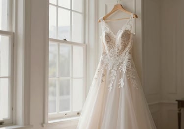 An elegant wedding gown hanging in a bright, airy room with sunlight streaming through large windows. Sophisticated, editorial composition with a focus on lace details and soft textures. Palette uses #F5F5F0.