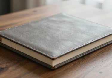 A close-up of a premium, handcrafted leather heirloom photo album resting on a wooden table. The texture of the leather is visible, suggesting luxury and tradition. Soft morning light, palette using #D9C5B2 and #3C3C3C.