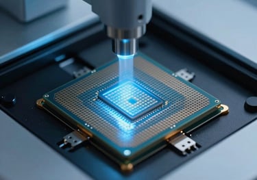 Macro photography of a molecular sequencing chip inside a high-tech scanner. The scene is illuminated with a soft light blue glow, showcasing advanced scientific precision.