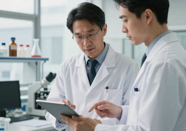 A scientist in a white lab coat consulting with a colleague in a bright, modern US office space with laboratory windows in the background. They are using a tablet.