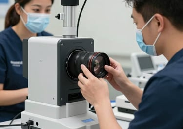 Professional scientific training session in a North American facility. A specialist is demonstrating a high-tech diagnostic device to a medical provider.
