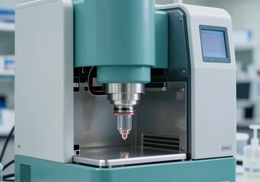 A high-precision automated liquid handler used in a professional US research lab. The lighting is sharp, emphasizing the clean lines and teal medical grade finishes.