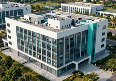 An aerial view of a clinical research center in a North American tech park. The architecture is modern, with large glass windows and clean teal accents.