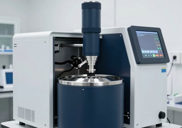 A modern centrifuge unit in a bright, white-walled North American laboratory setting. The machine is sleek and professional, with a dark navy control panel.