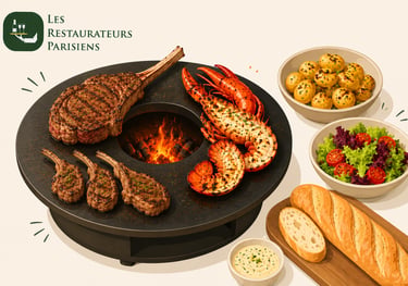 Brasero gastronomique terre et mer avec steak tomahawk grillé, homard et côtelettes d'agneau.
